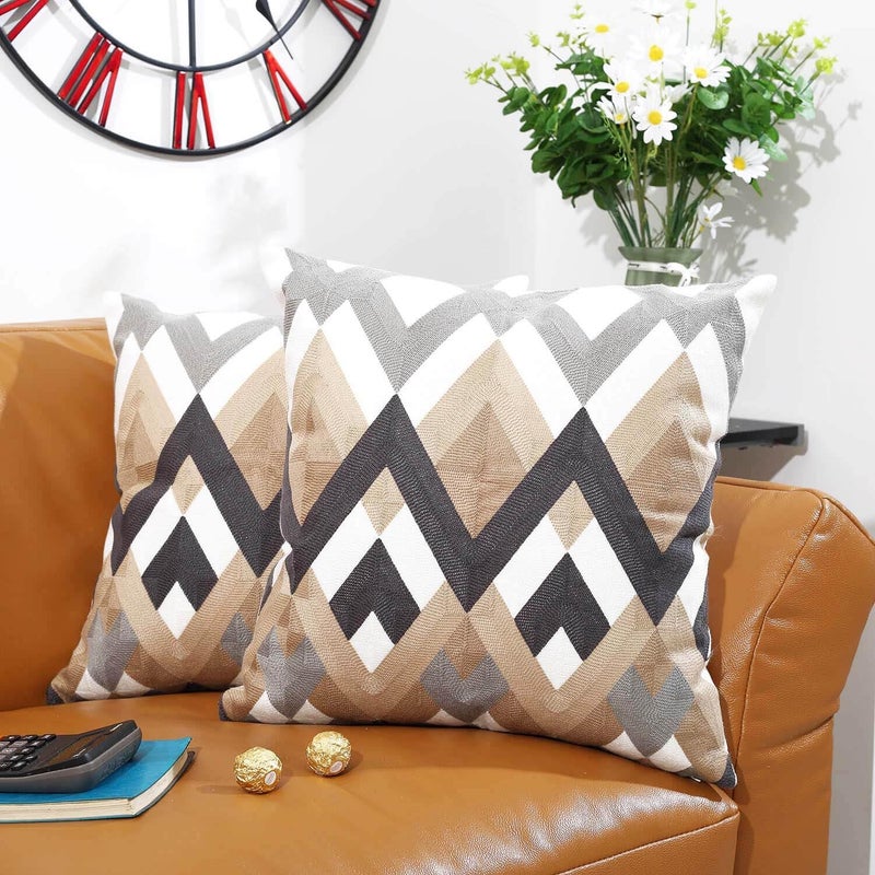 Oneslong Throw Pillow Covers for Couch Living Room 18x18 inches Set of 2 Full Embroidery Geometric Strip Pattern on Face Decorative Throw Couch Pillows for Bed - Image 2